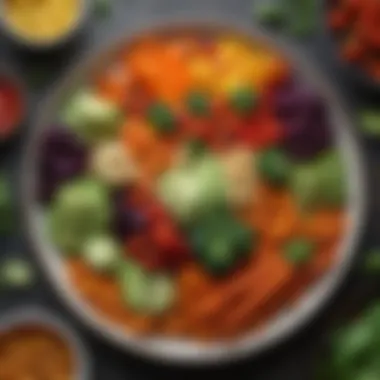 Colorful Vegetables and Healthy Fats An assortment of vibrant vegetables and healthy fats arranged artistically on a plate
