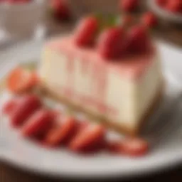 A decadent slice of Wegmans Strawberry Cheesecake with fresh strawberries on top