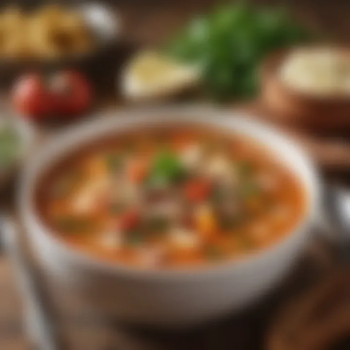 A close-up of a hearty bowl of WeightWatchers soup garnished with herbs.