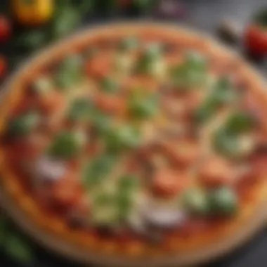 A vibrant cauliflower crust pizza topped with fresh vegetables.
