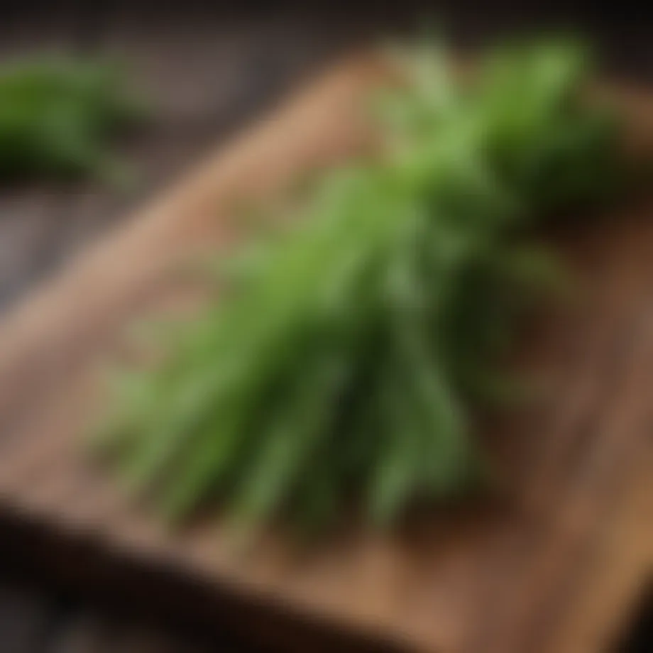 Fresh dill sprigs on a wooden table