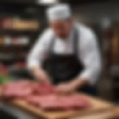 An artisan butcher examining a piece of Wagyu beef with attention to detail