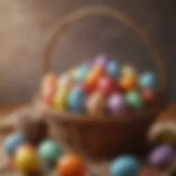 Colorful assortment of sugar Easter eggs in a decorative basket