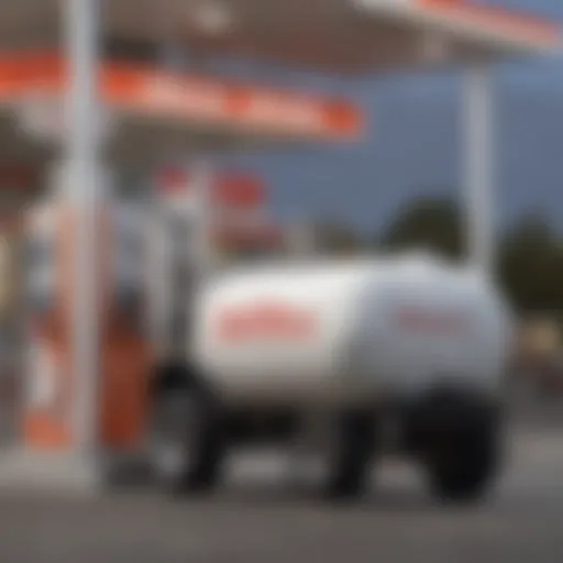 Propane tank refill at a gas station with clear signage