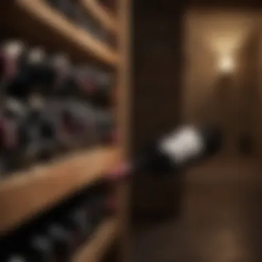 Close-up of a wine bottle resting horizontally in a dark cellar, emphasizing proper wine storage techniques