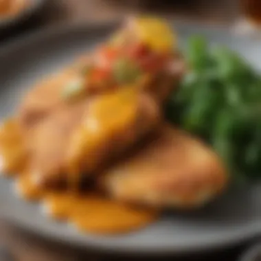 An enticing close-up of golden-brown schnitzel with a rich, colorful pepper sauce, garnished elegantly.